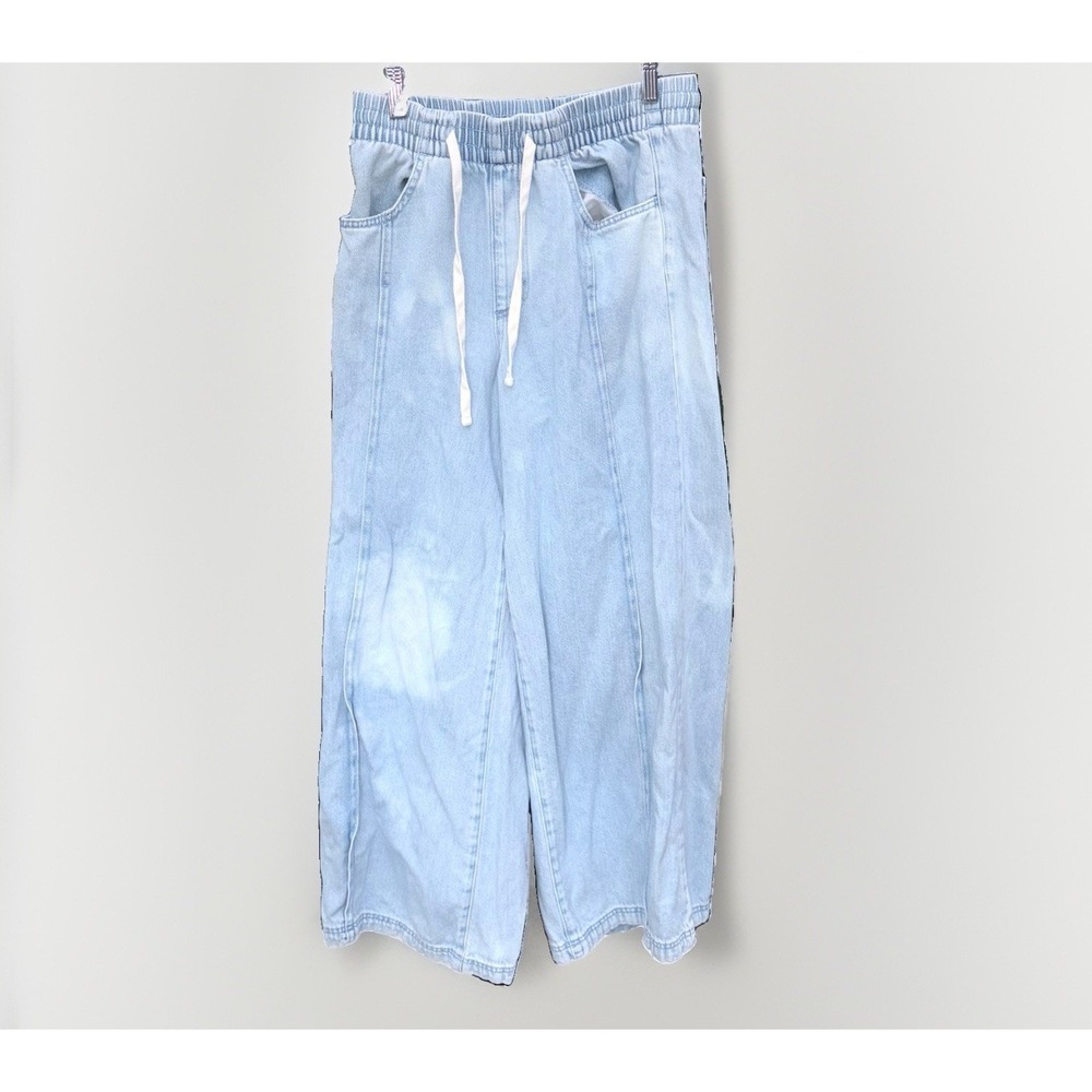 Distressed Bleach Dyed Wide Leg Boho Hipster Pull On Jeans Women's Size S